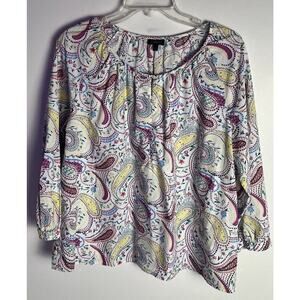 Talbots White pink paisley Floral Loose Popover Blouse 100% Cotton Sz Large‎